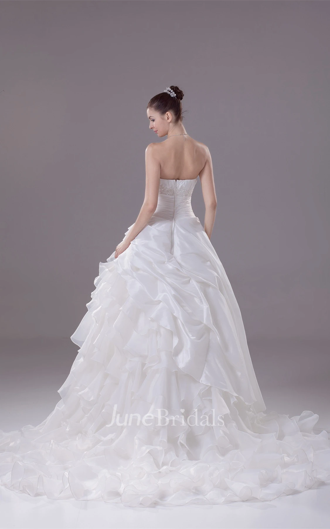 Strapless A-Line Ruched Gown with Cascading Ruffles and Cinched Waistband