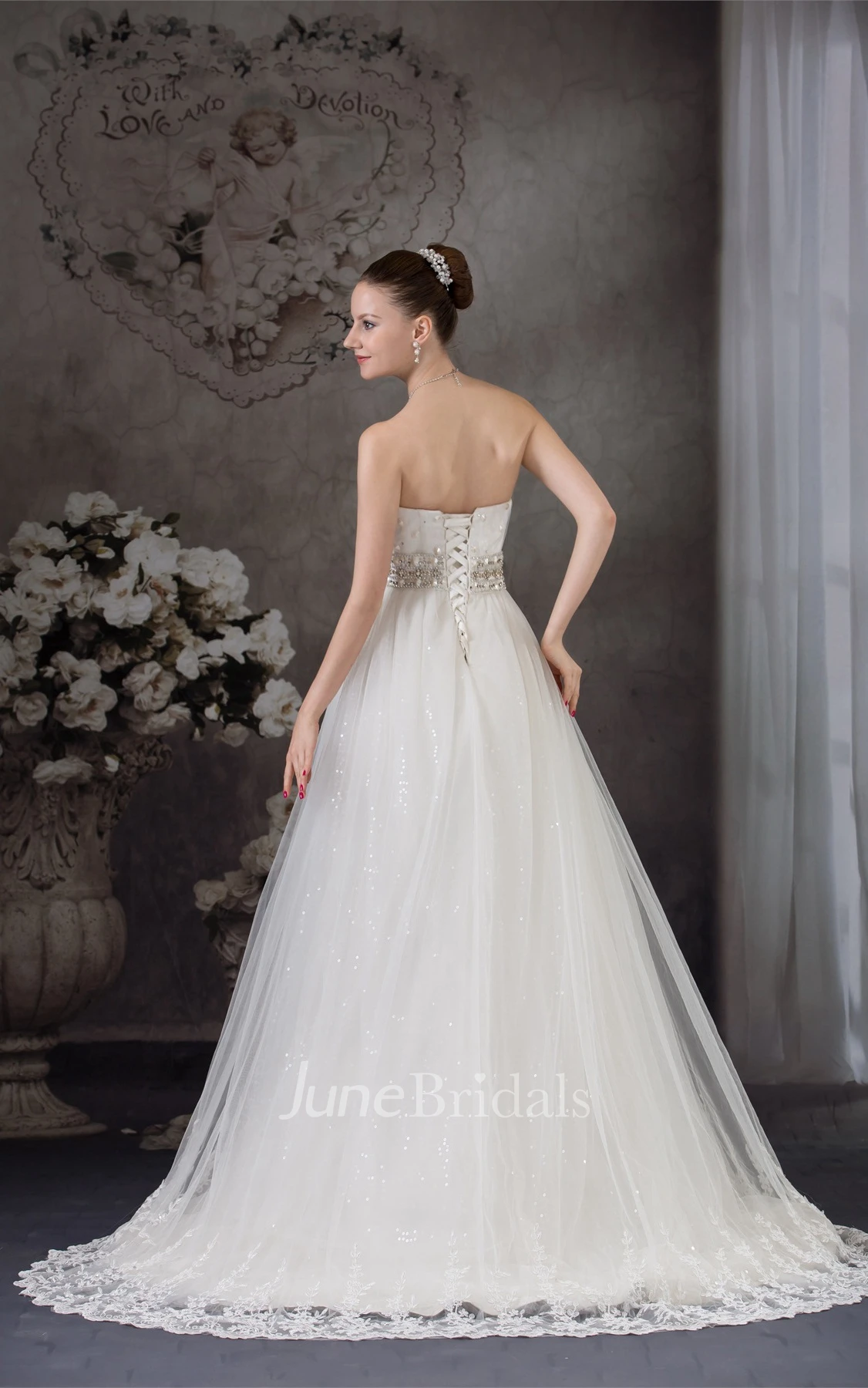 Strapless Tulle Jeweled Gown with Appliques and Corset Back