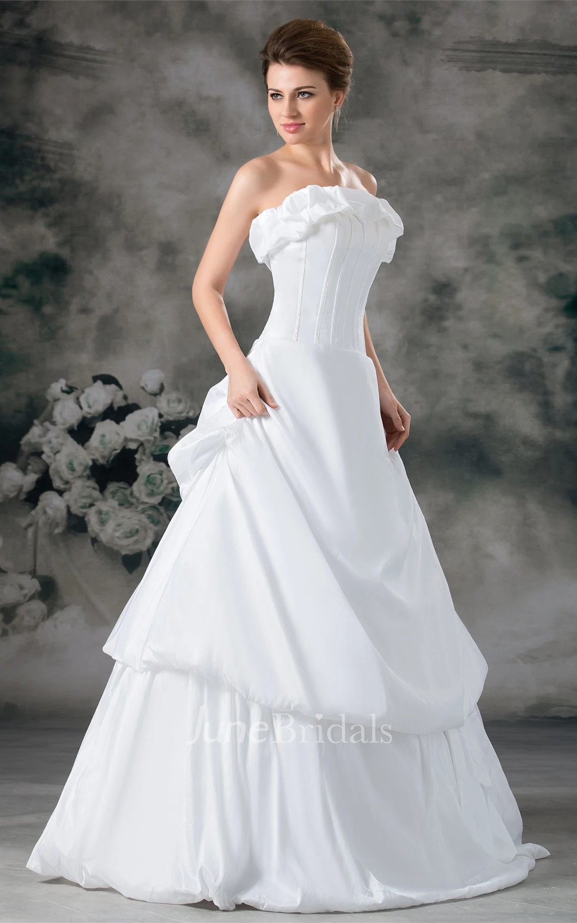 strapless maxi a-line gown with ruffles and pick up