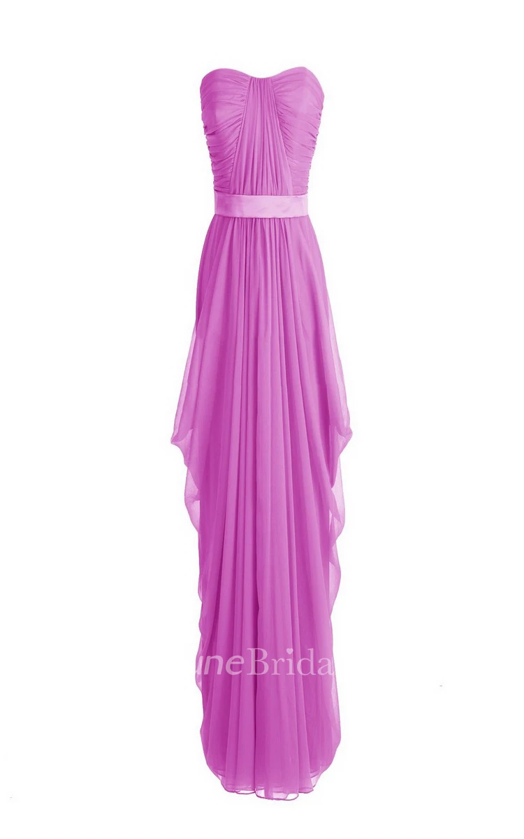 Strapless Asymmetrical Chiffon Gown With Pleats