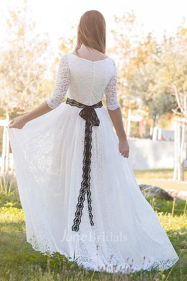 Bateau Lace Half Sleeve Pleated Wedding Dress With Lace Ribbon