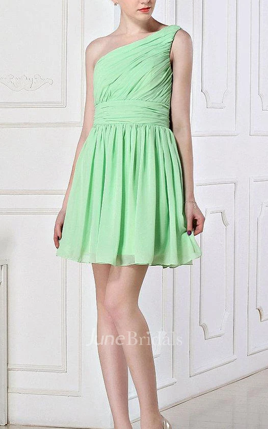 A-line Short Knee-length One-shoulder Chiffon Dress
