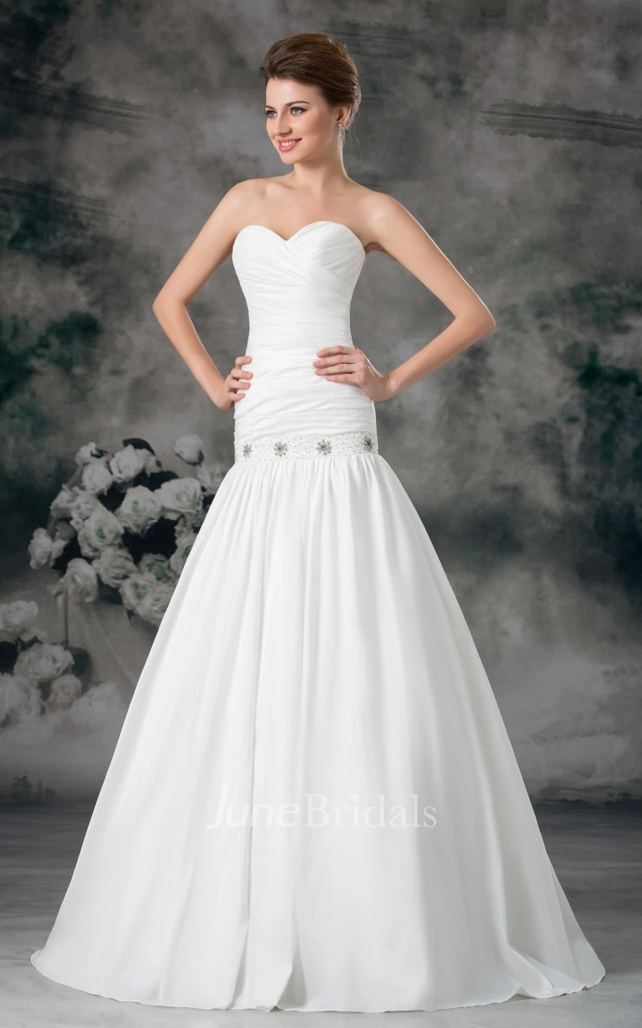 Sexy Strapless Sweetheart Ruffled Taffeta Gown With Crystals and Belt