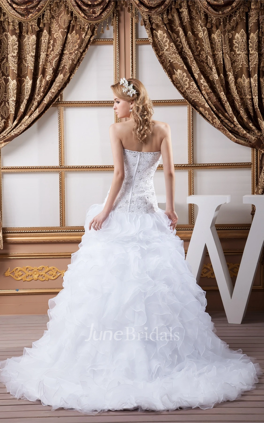 Deep-V-Neck Ruffled A-Line Dress with Crystal Detailing