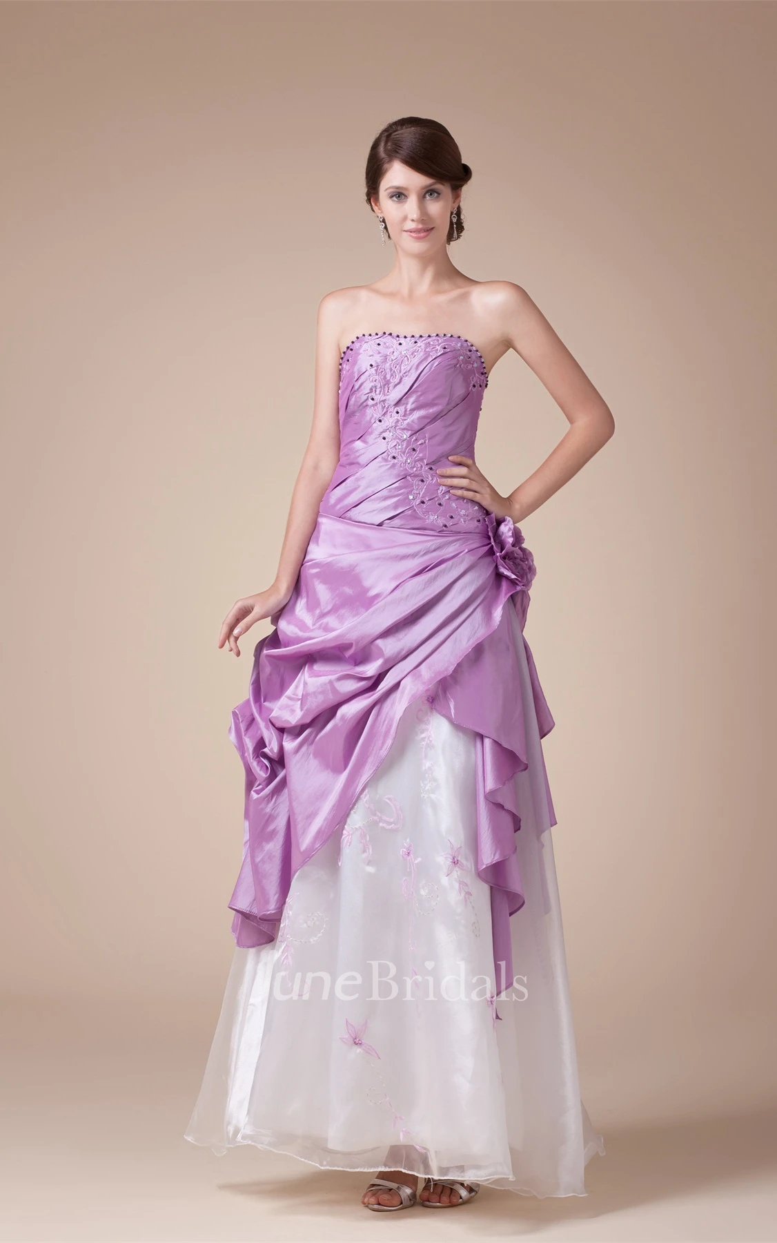 Two-Tone Strapless Pick-Up Floor-Length Dress with Rhinestone and Flower