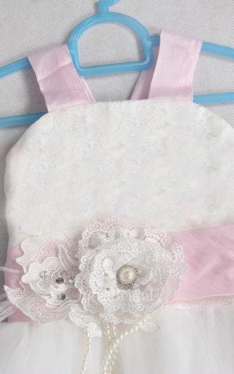 strapped Pleated Tulle&Lace Dress With Flower and Corset Back