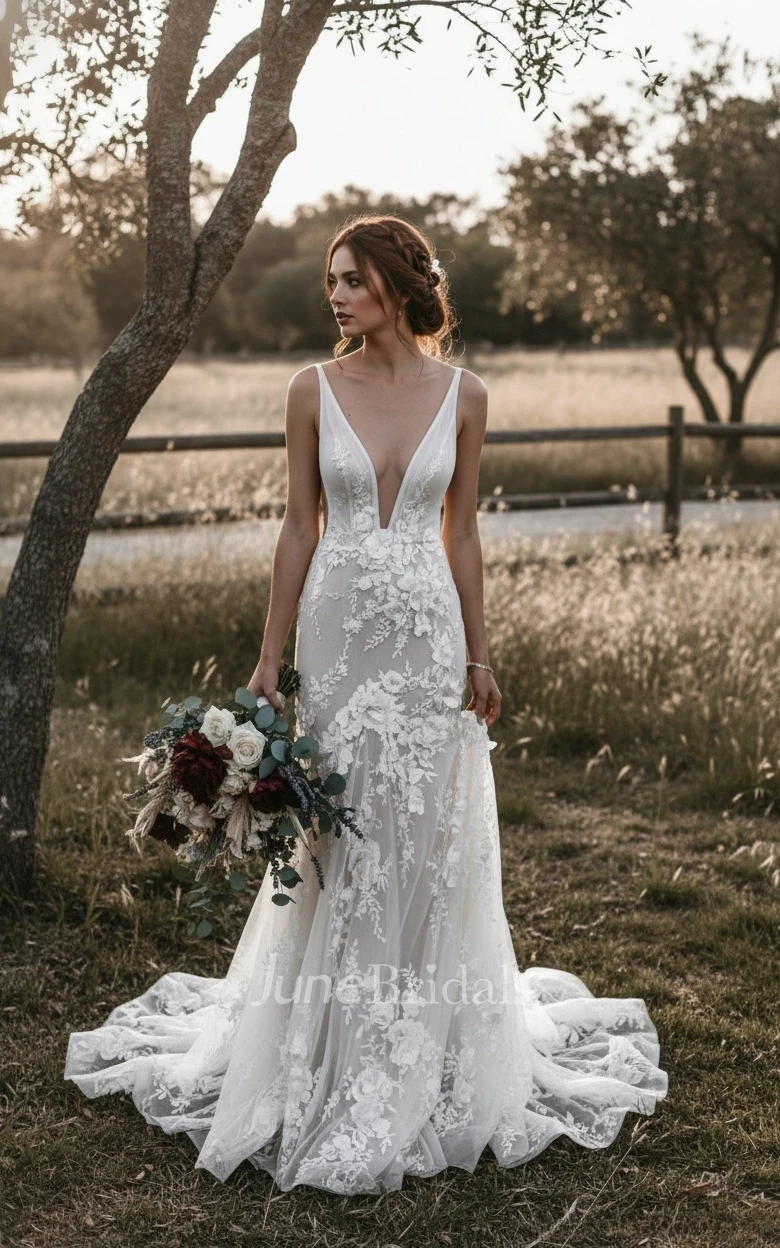 Boho Floral Lace Mermaid Wedding Dress Backless V-Neck Country Bridal Gown