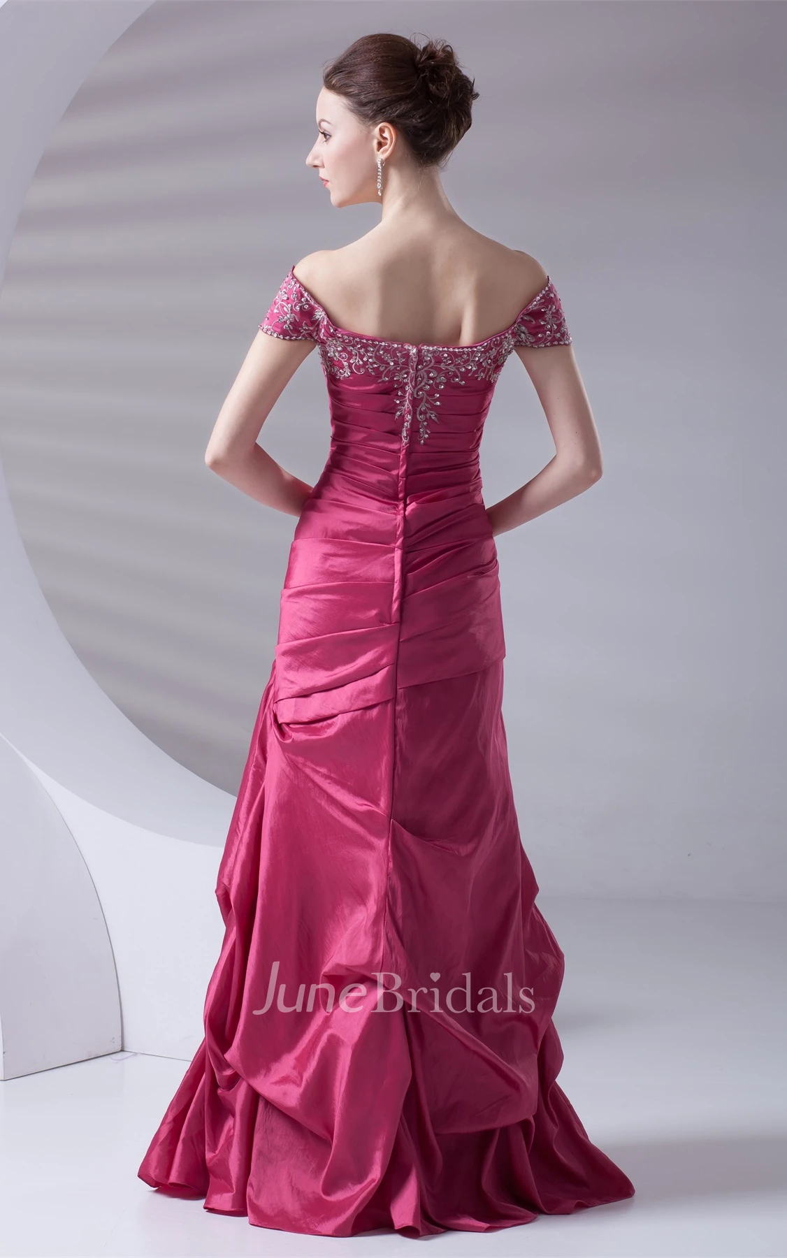Caped-Sleeve Taffeta Pick-Up A-Line Gown with Embroideries