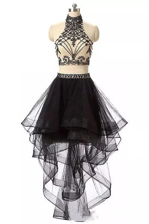 Two Piece High Neck Sleeveless Beading Pleats Ruffles High-low Tulle Homecoming Dress