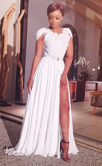 Sexy V-neck Cap Sleeve Chiffon Prom Dress With Front Split Appliques