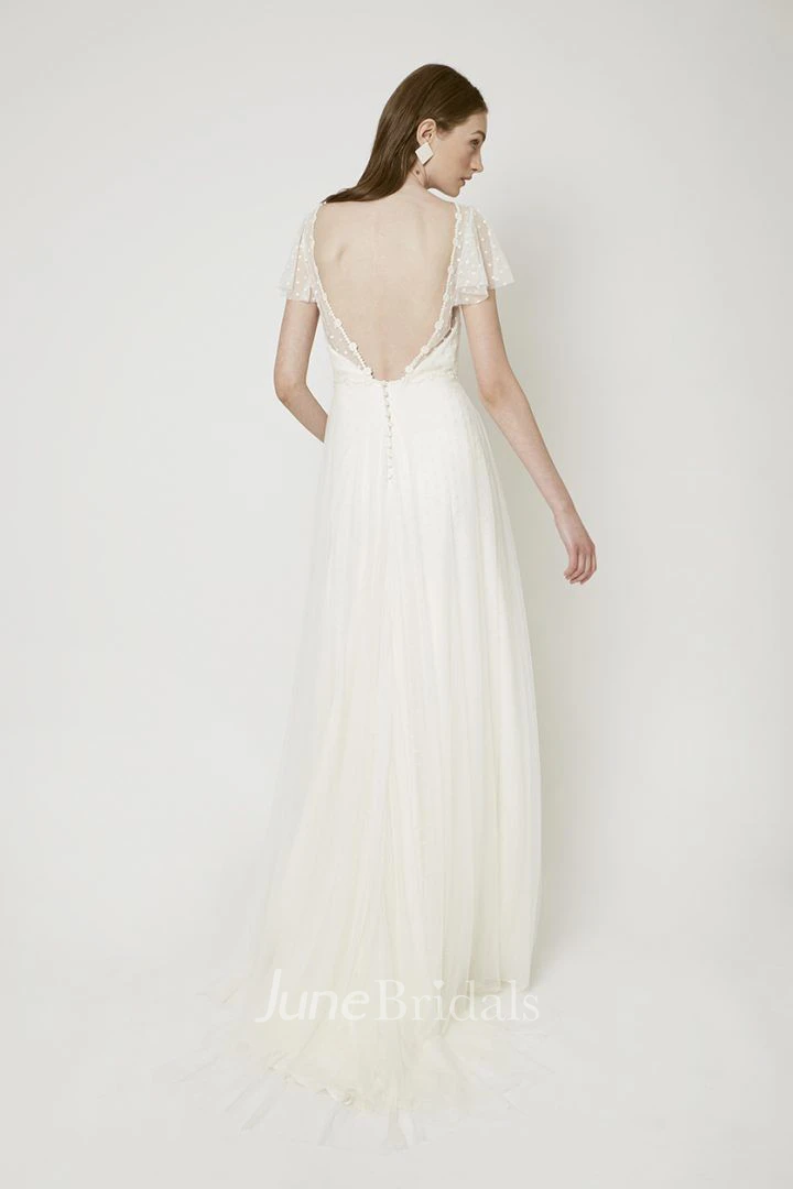 Elegant Illusion Short Sleeve Wedding Dress With Open Back