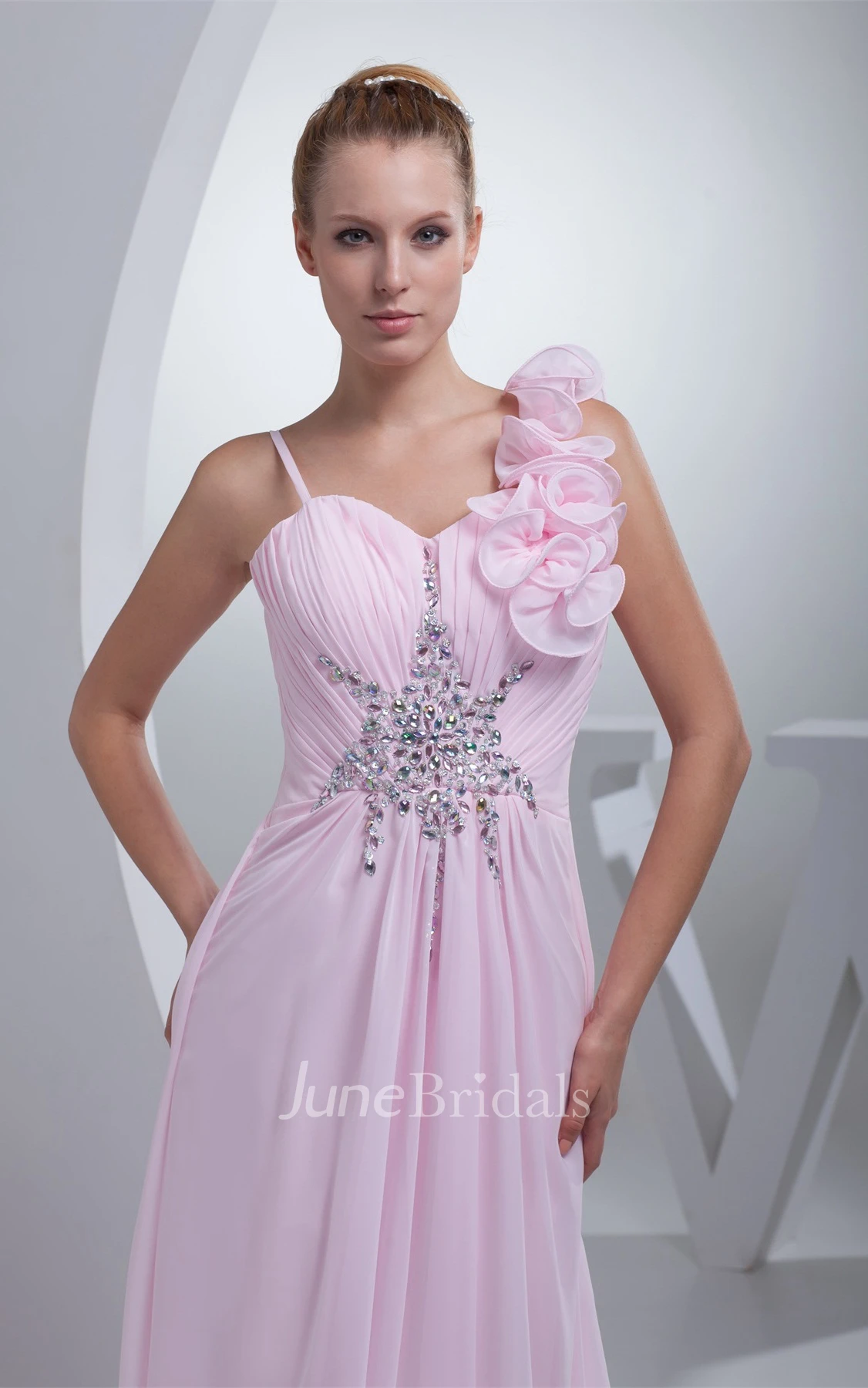 Spaghetti-Straps Ruched Floor-Length Dress with Beading and Floral Embellishment