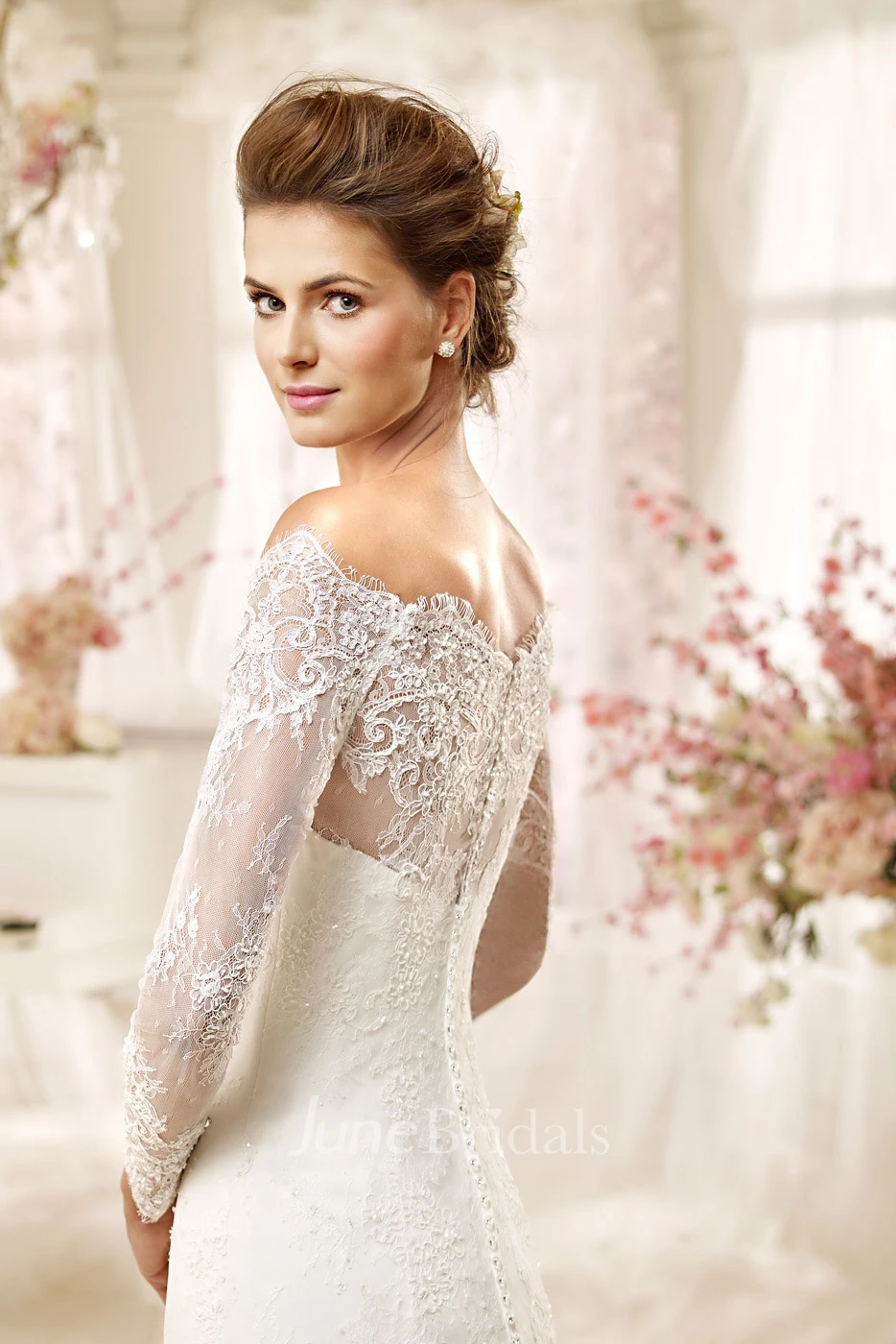 Off-shoulder Sheath Wedding Dress with Long Sleeves and Illusive Design