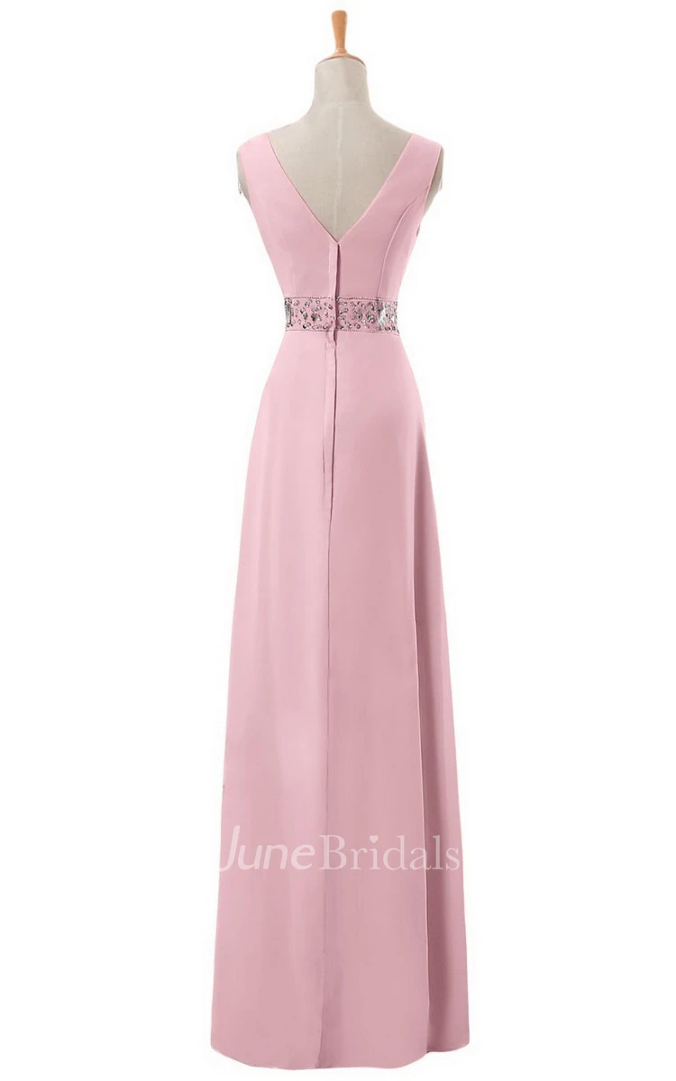 V-neck Long Empire Chiffon Dress With Rhinestones