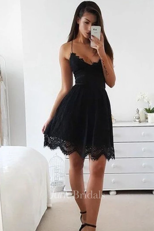 A-line Spaghetti V-neck Sleeveless Ruching Short Mini Lace Homecoming Dress