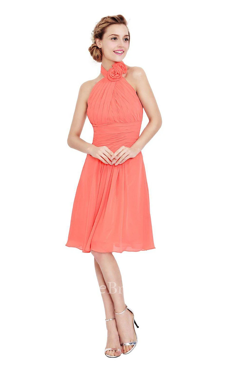 Halter Knee-length Chiffon Dress With Flower