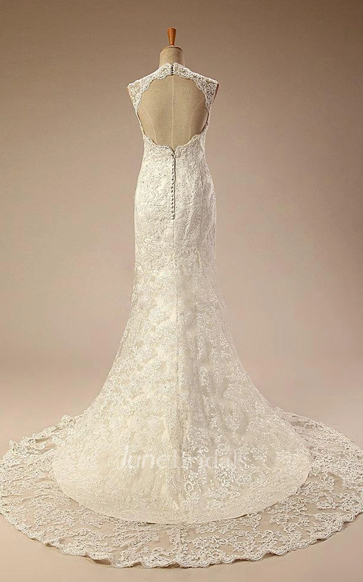 V-Neck Sleeveless Sheath Satin Wedding Dress With Appliques And Keyhole Back