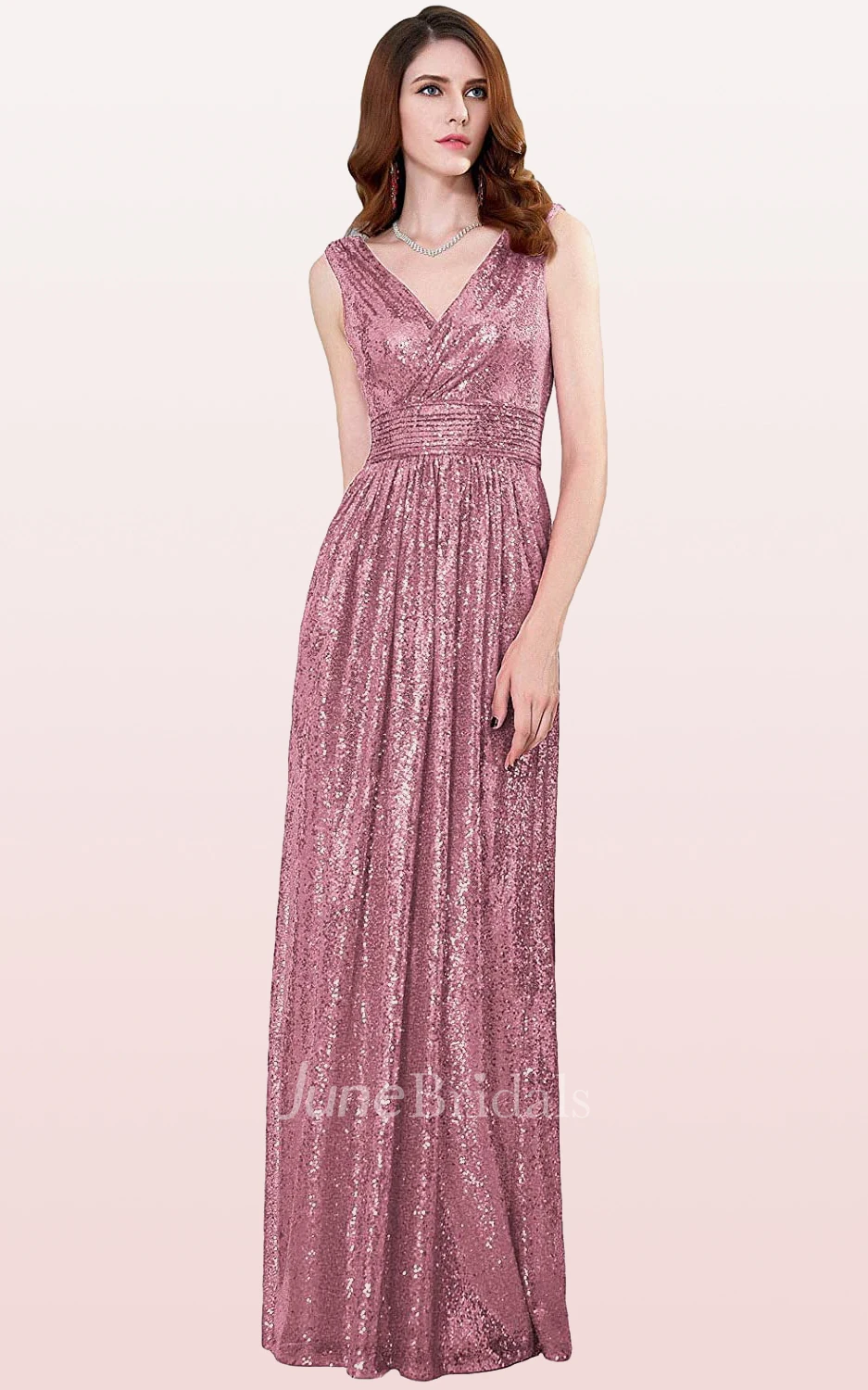 Luxury A Line V-neck Sequins Sleeveless Bridesmaid Dress
