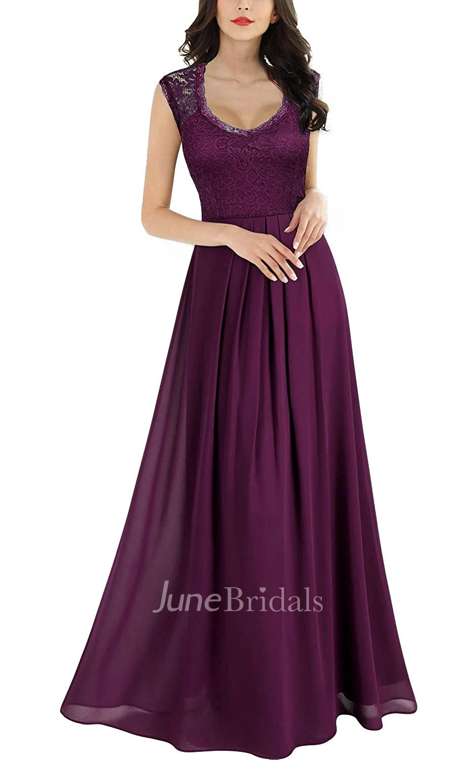 A Line Scalloped Chiffon Lace Sleeveless Evening Dress With Ruffles