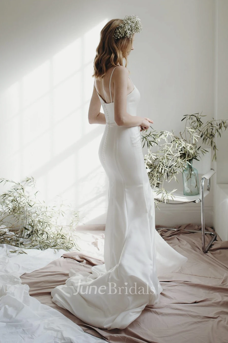 Open Back Simple Asymmetrical Mermaid Bridal Gown With Spaghetti Straps