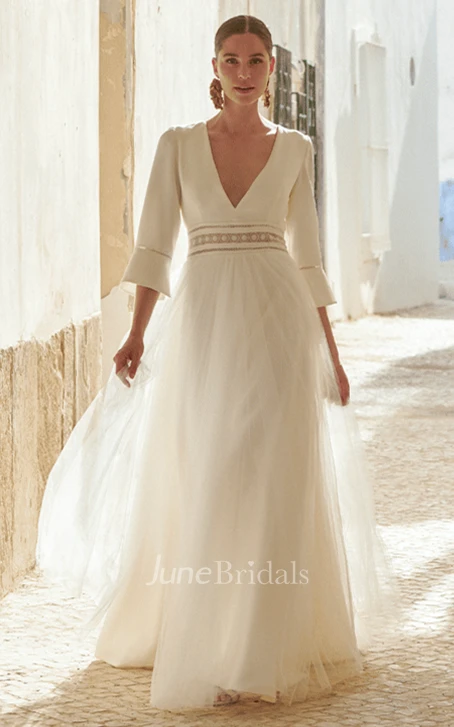 Modern A-Line V-neck Floor-length Satin and Tulle Warm Wedding Dress