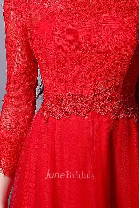 Scalloped Neck Long Lace Sleeve A-line Tulle Gown