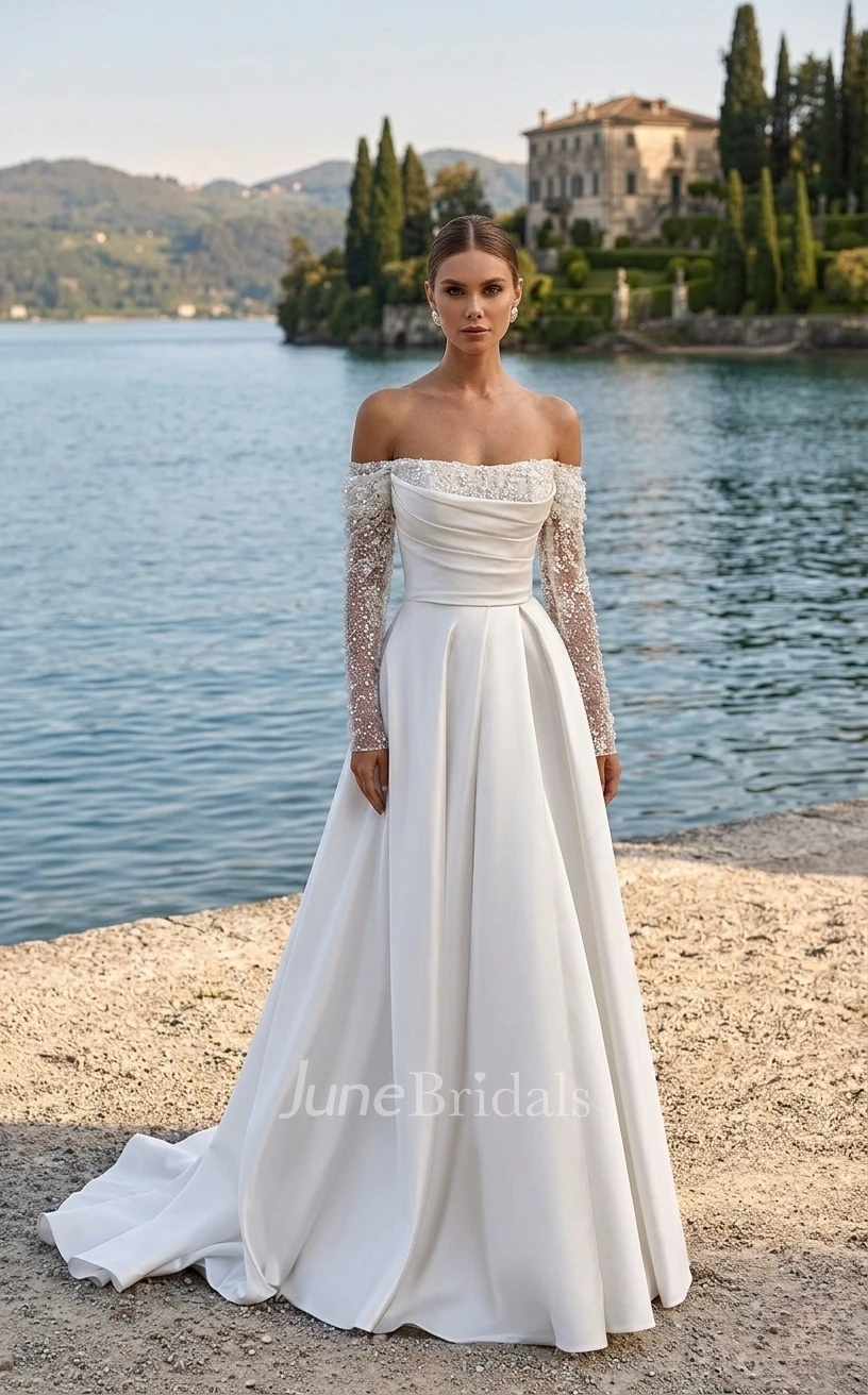 Off Shoulder Long Sleeve Satin Spring Wedding Dress Sparkly Sequins Princess Ruching Bridal Gown with Corset Back