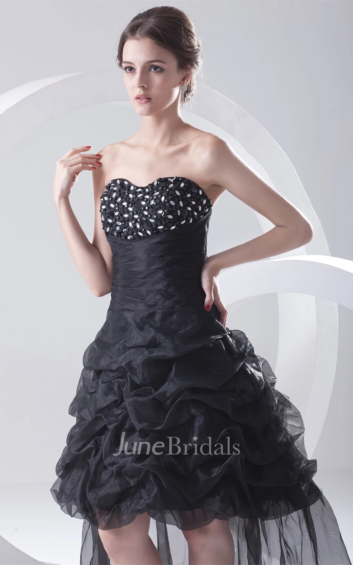 sweetheart short pick-up dress with ruffles and rhinestone