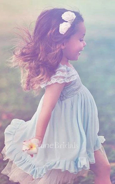 Chiffon&Tulle&Lace Dress With Flower and Cap Sleeve