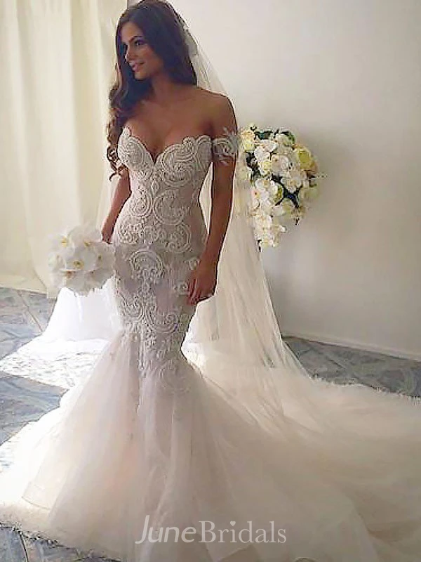 Off the shoulder store trumpet wedding dress