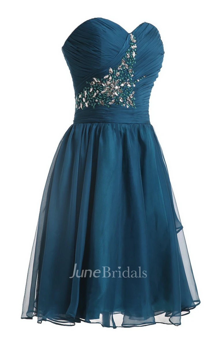 Strapless Pleat and Ruched A-line Dress With Leaf Print