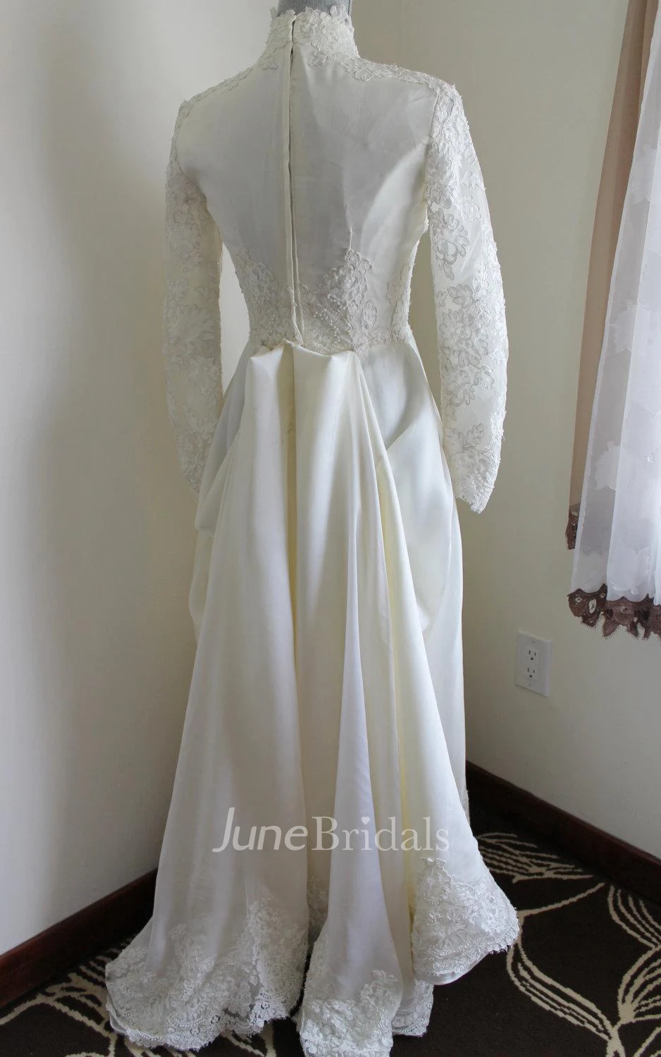 Queen Anne Neck Long Sleeve A-Line Satin Wedding Dress With Lace Hem