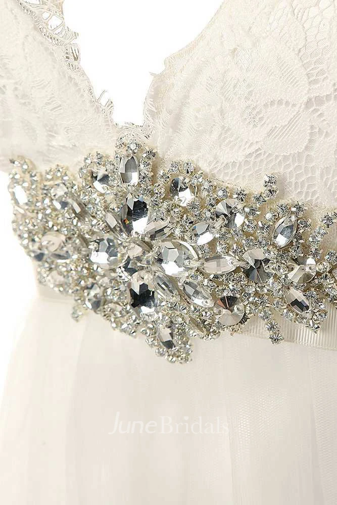 Cap Sleeve Low V Neck A-line Lace Gown With Beaded Belt