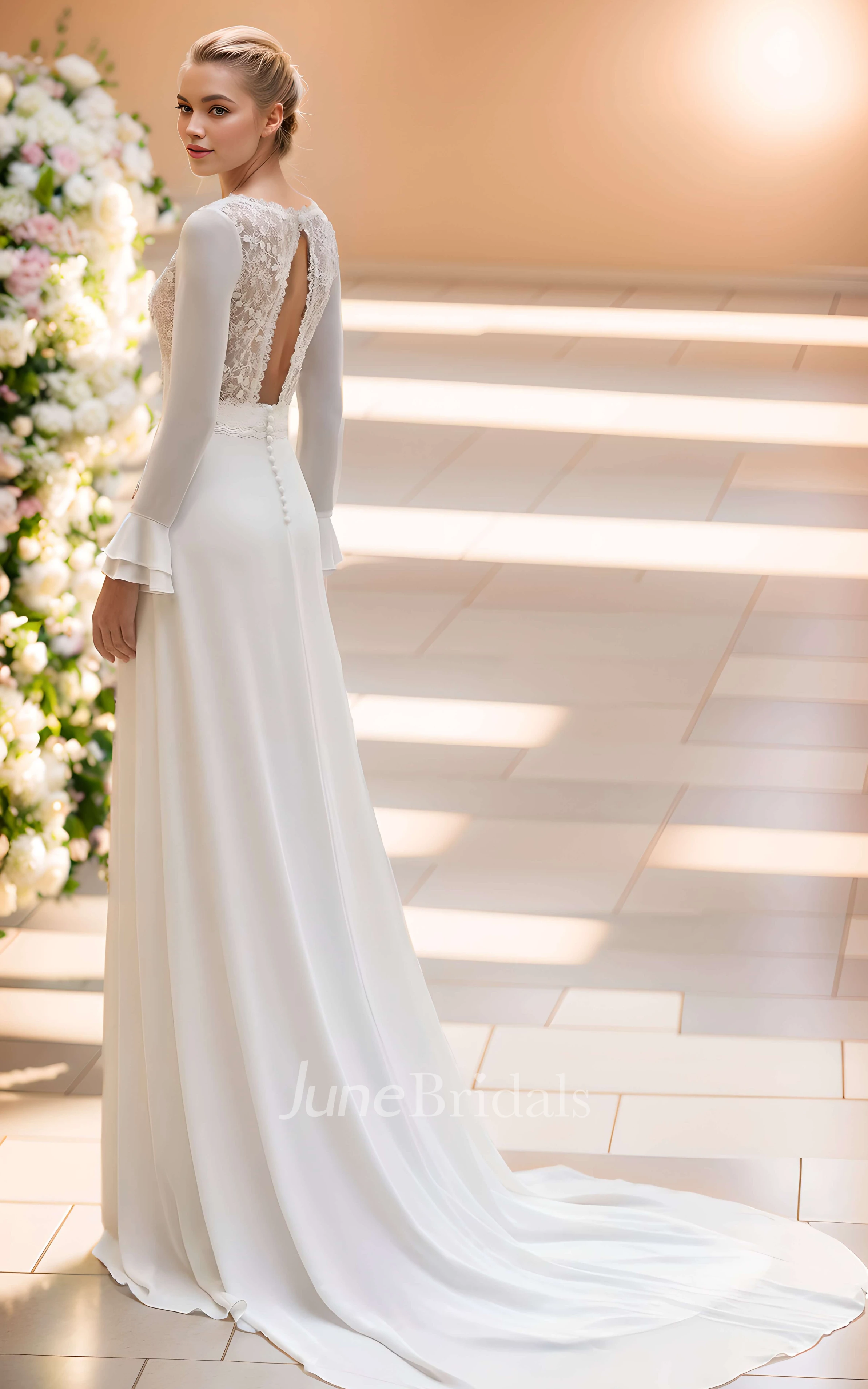 Vintage Elegant A-Line Plunging Neckline Floor-length Lace Chiffon Warm Wedding Dress Ethereal Romantic Peplum Long Sleeve Bridal Gown with Button Back Train