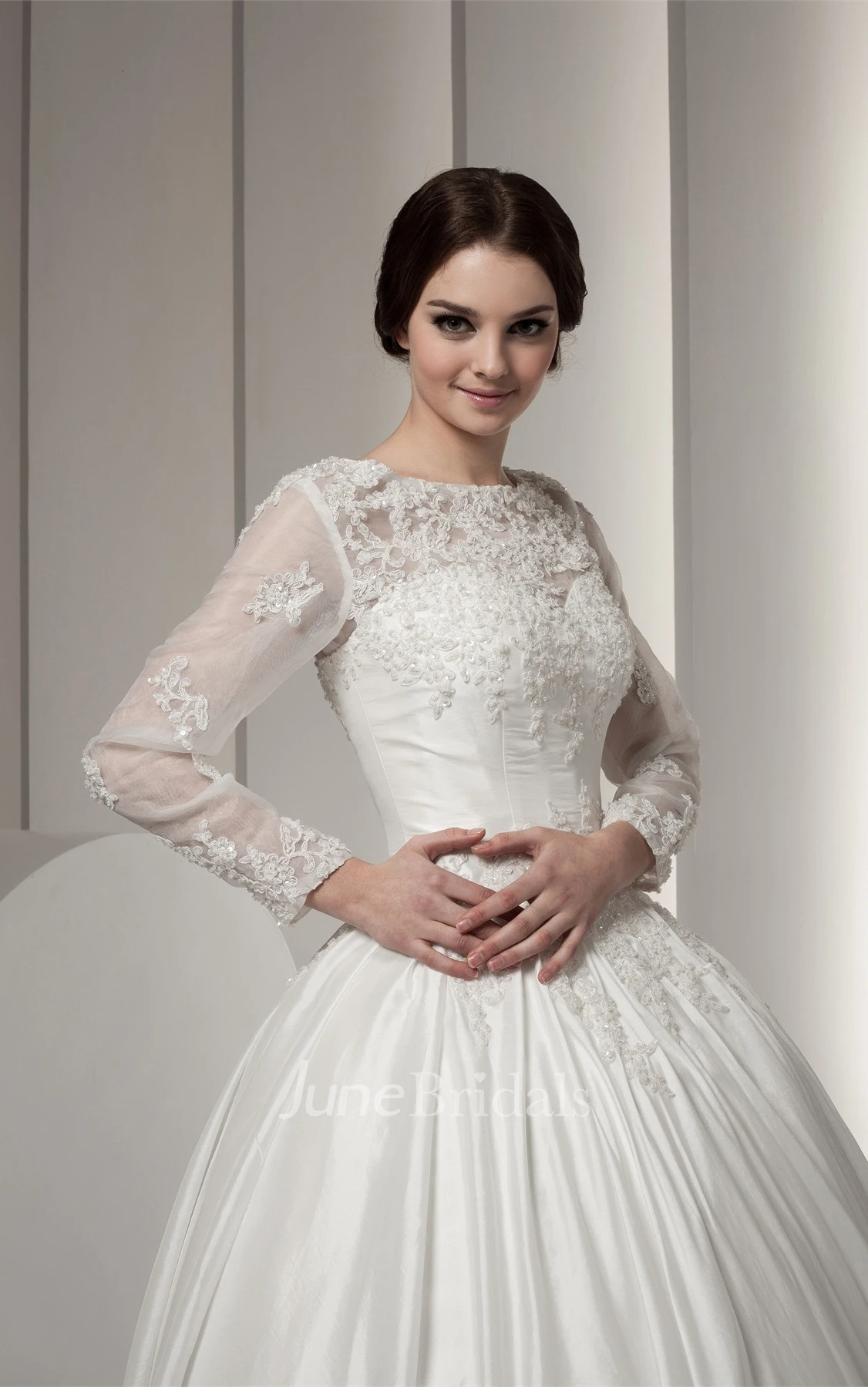 Bateau-Neck Long-Sleeve Ball Gown with Lace and Beading