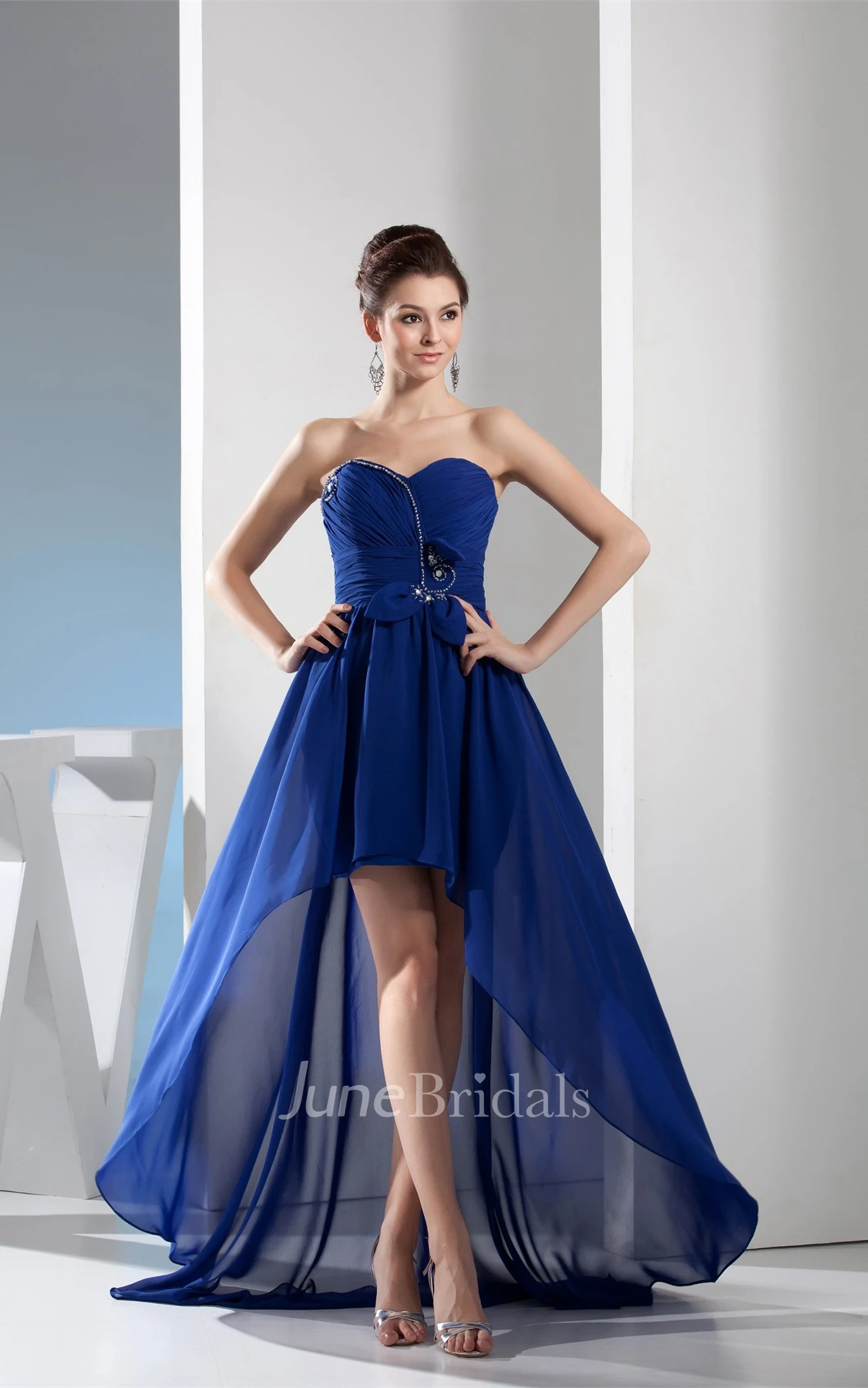 Sweetheart High-Low Ruched Gown with Pleats and Sash Bow