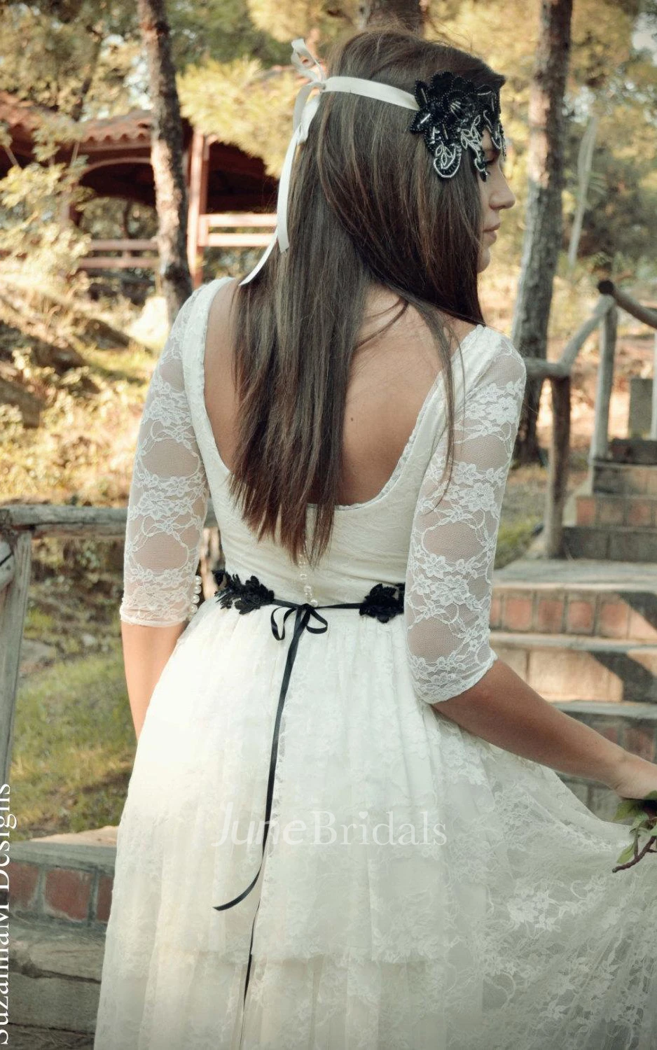 Scoop Half Illusion Sleeve Lace Wedding Dress With Sash And Button Back