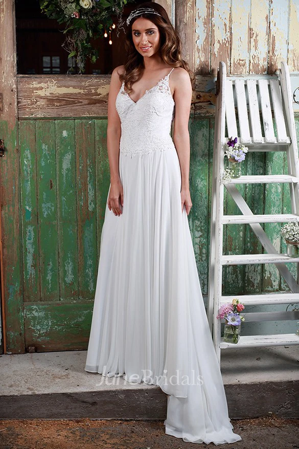 Pleated Spaghetti Long Chiffon Wedding Dress With Appliques And Illusion