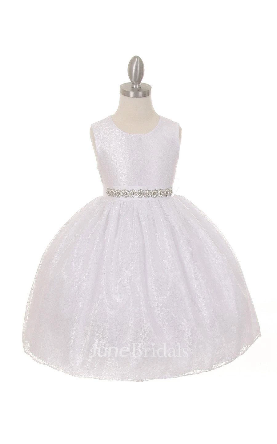 Solid Lace Sleeveless Scoop Neck Pleated Flower Girl Dress With Removable Rhinestone Belt