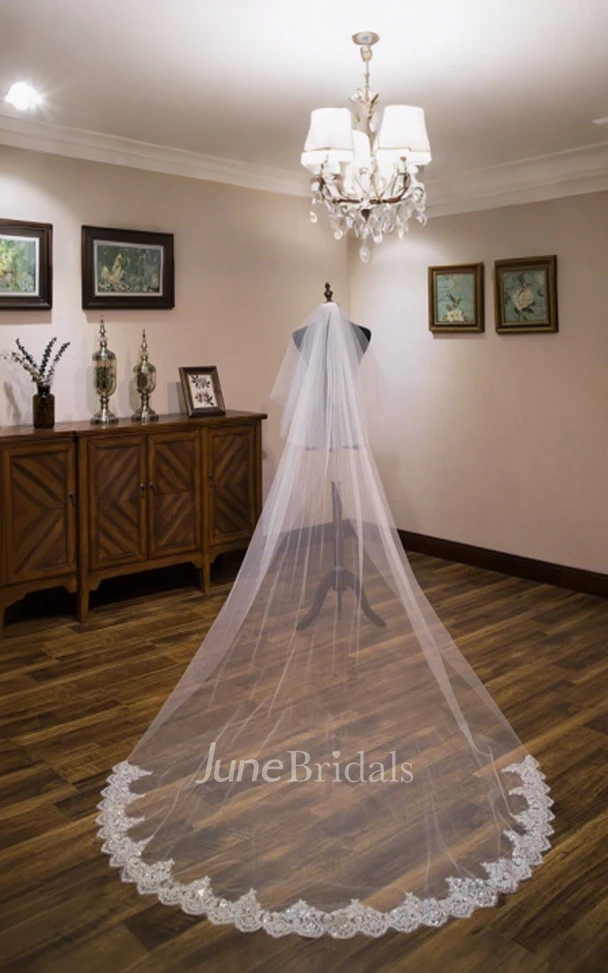 Modern Sparkly Boho Lace Sequins Tulle Two Tier Cathedral Length WeddingVeils with Comb