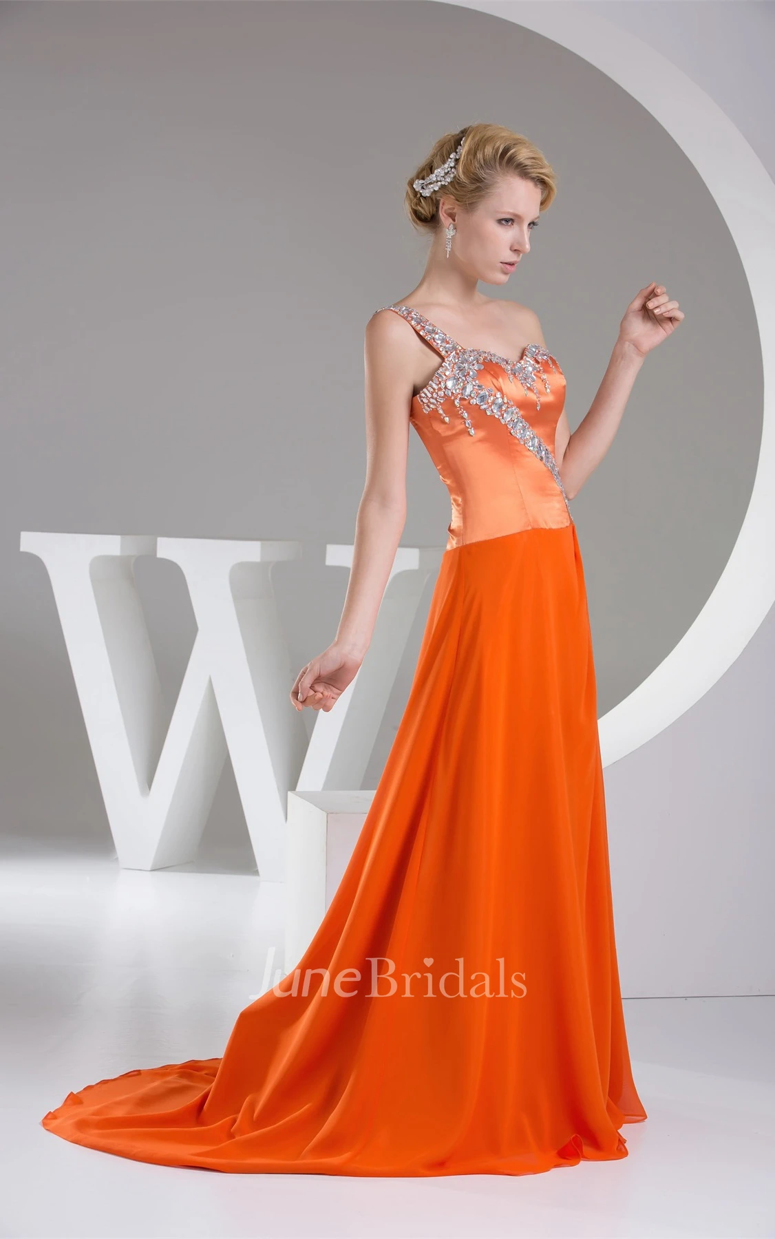 Sweetheart Chiffon A-Line Gown with Rhinestone and Single Strap