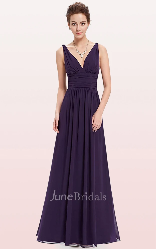 A Line V-neck Chiffon Sleeveless Evening Dress With Ruffles
