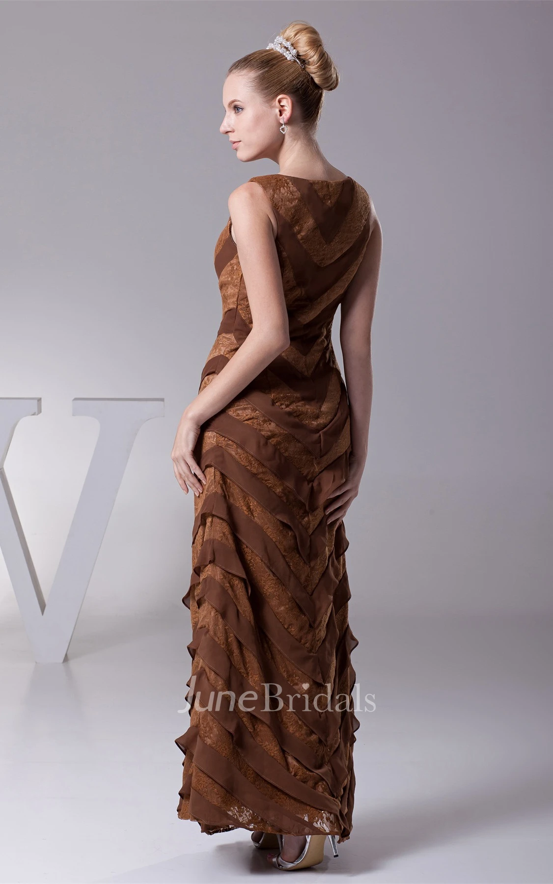 Bateau Sleeveless Tiered Chiffon Sheath Gown with Lace Embroidery