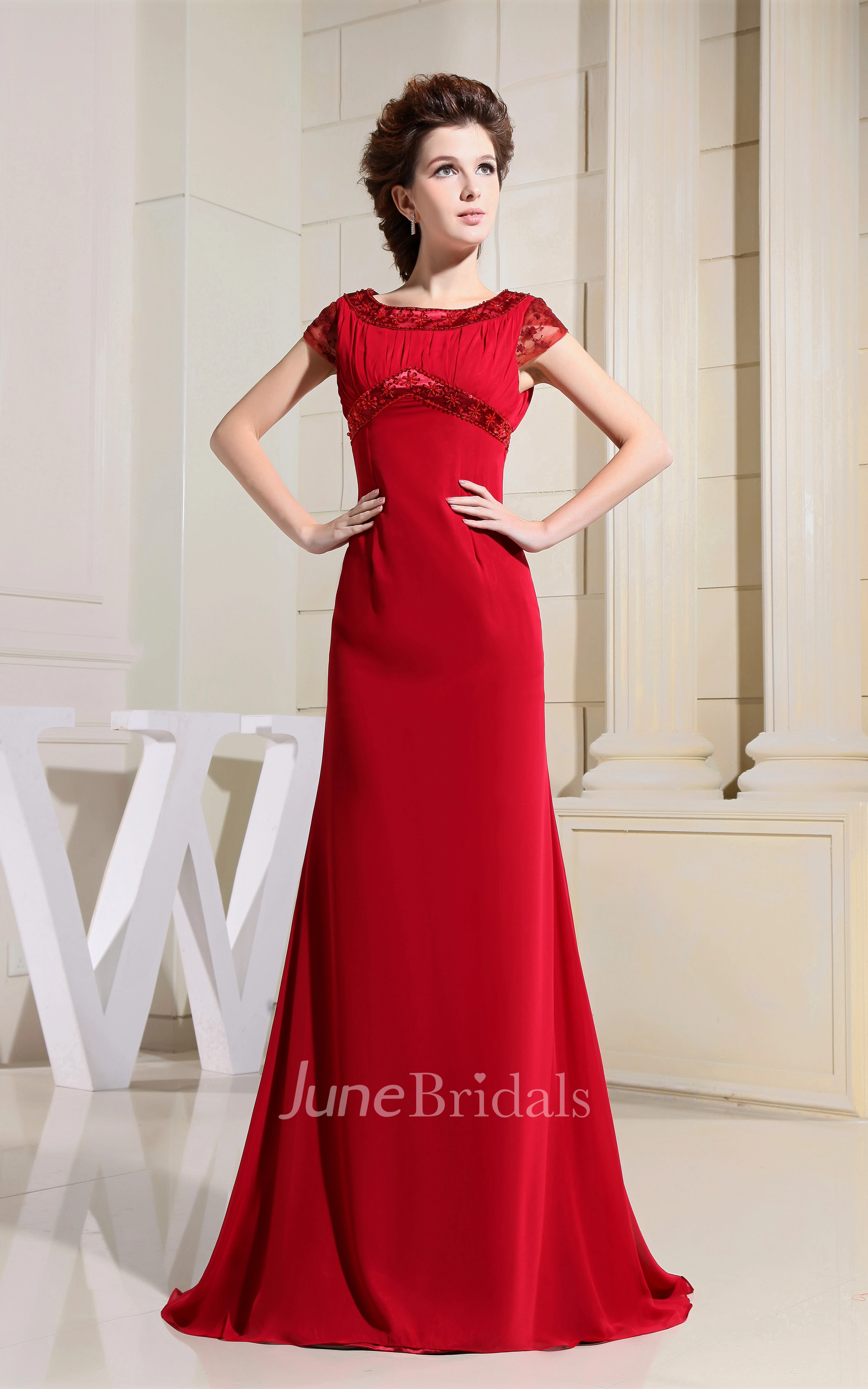Refined High-Neck Caped-Sleeve Dress With Lace and Brush Train