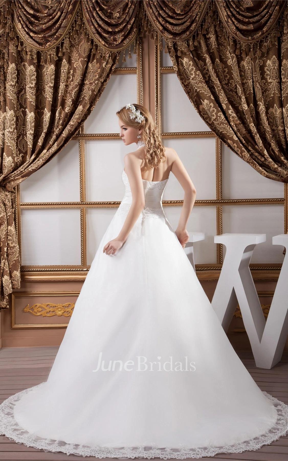 High-Neck Sleeveless A-Line Dress with Appliques and Fitted Waist