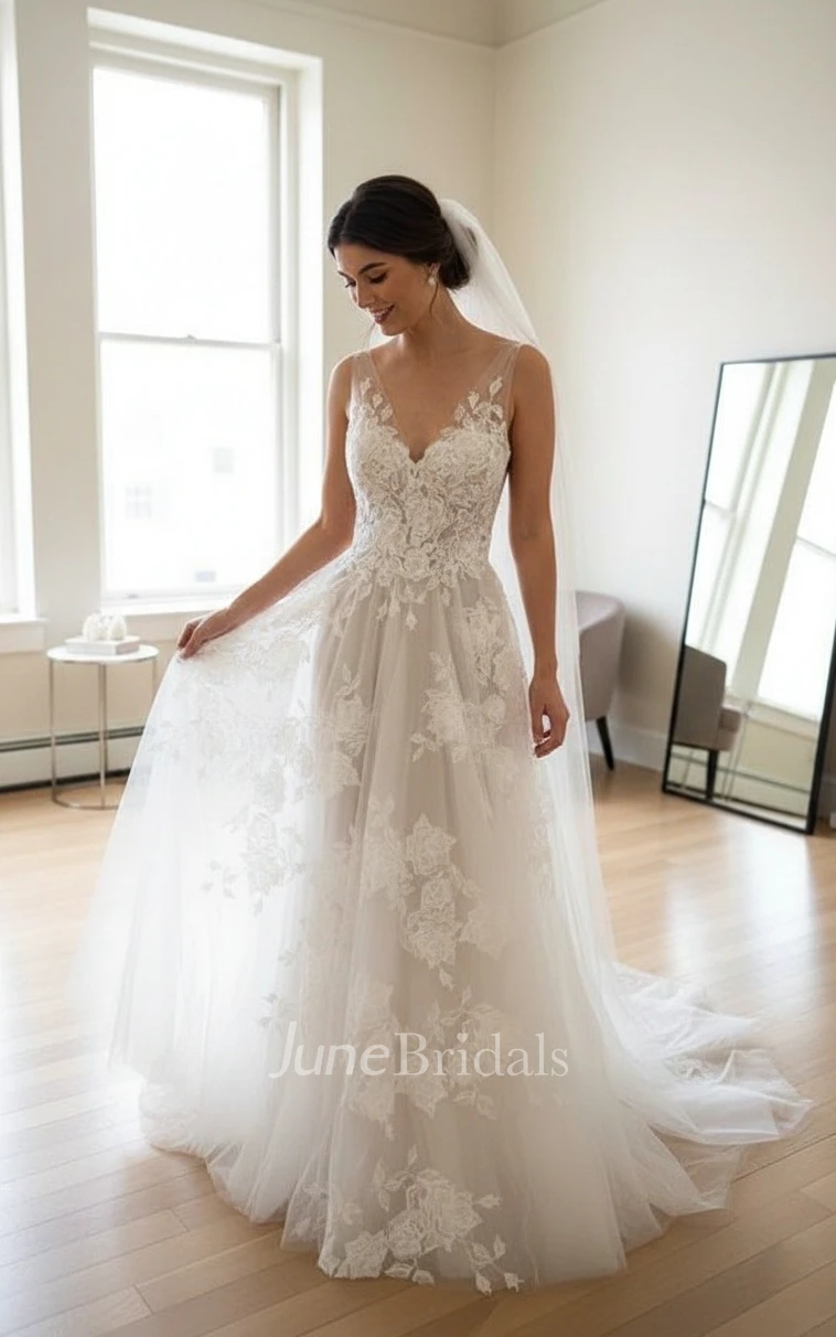 Romantic V-neck Sleeveless Ethereal Illusion Straps Floor-length Lace Petals Mesh Spring Wedding Dress