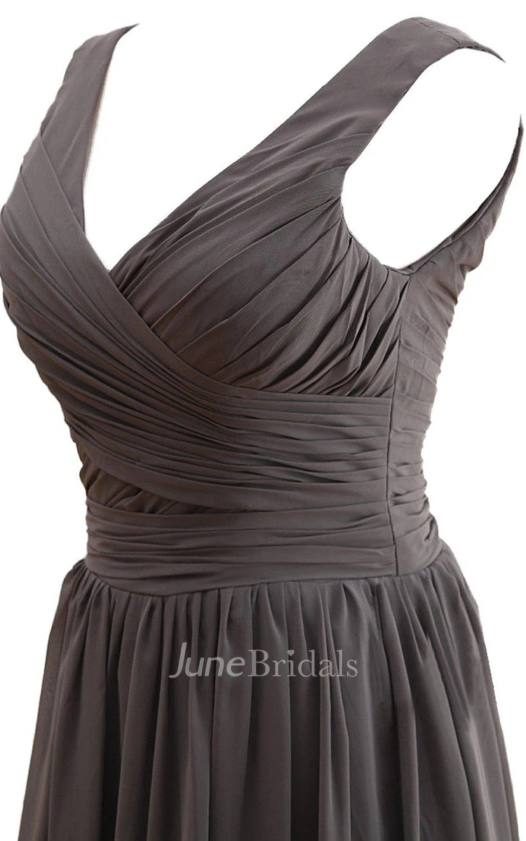 Sleeveless V-neck Long Chiffon Gown With Pleats