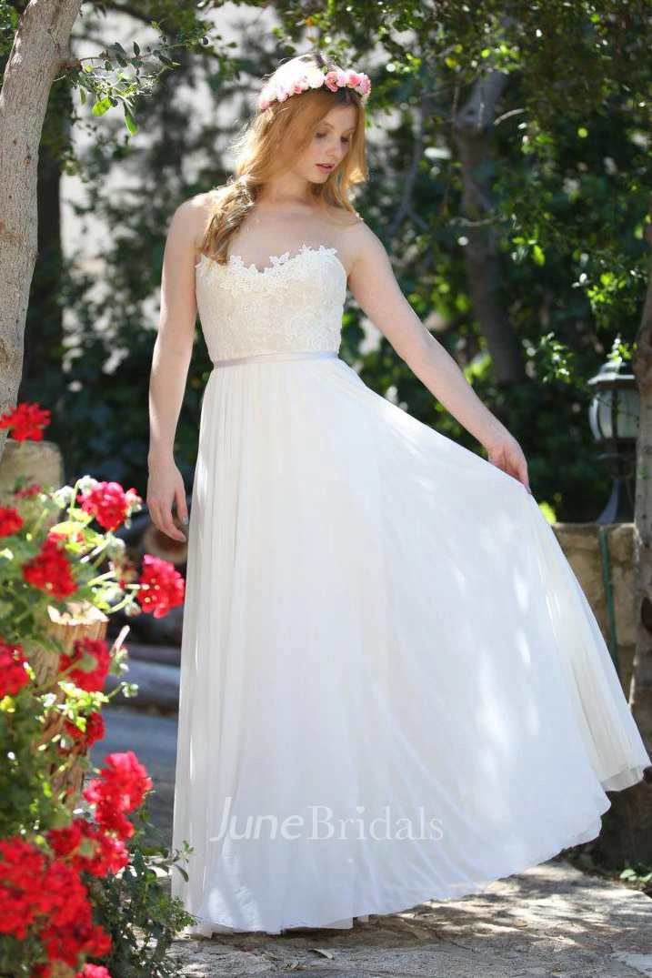 Illusion Strapless Chiffon Floor-Length Wedding Dress With Appliques