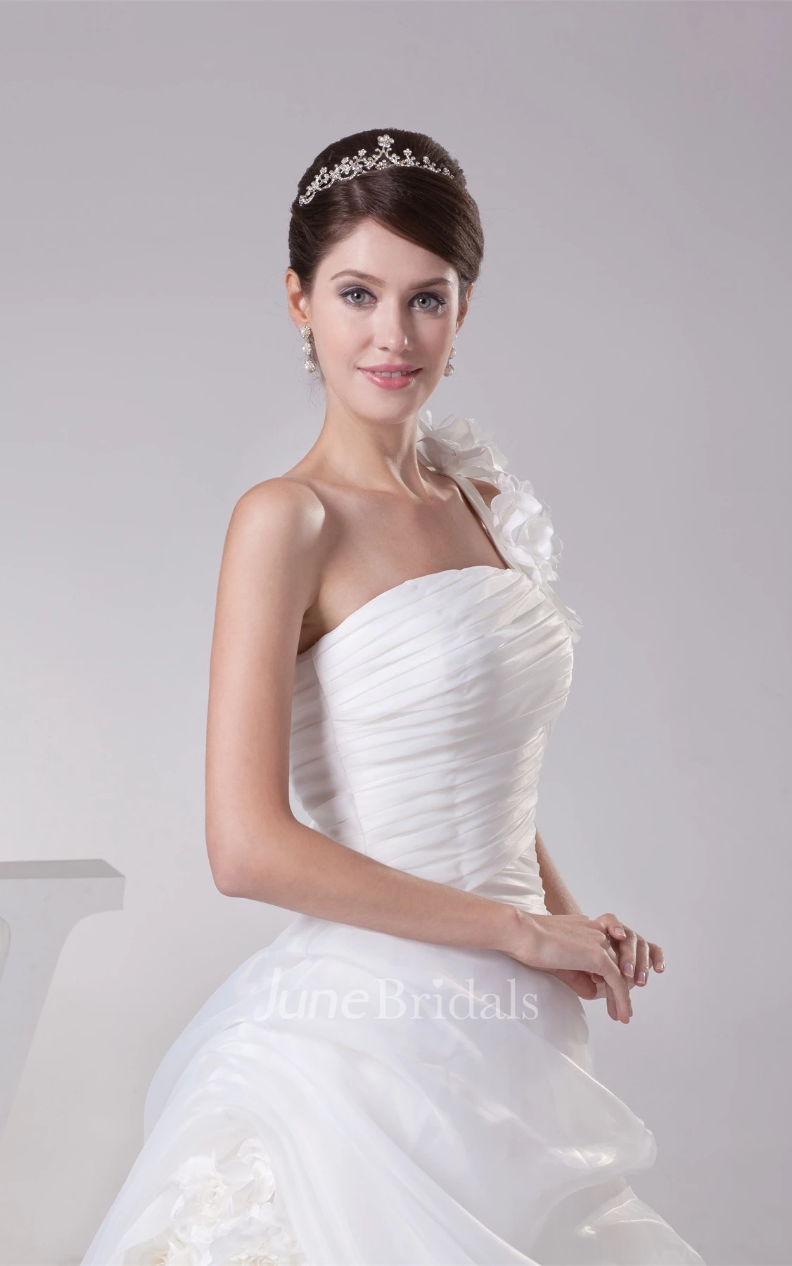 One-Shoulder Pick-Up A-Line Gown with Flower and Ruching