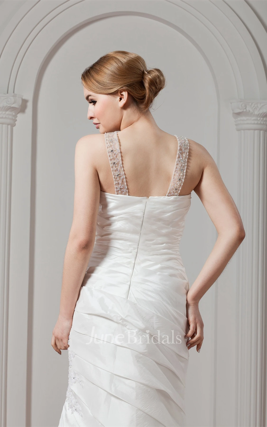 Sleeveless Column Ruched Gown with Appliques and Jeweled Neckline